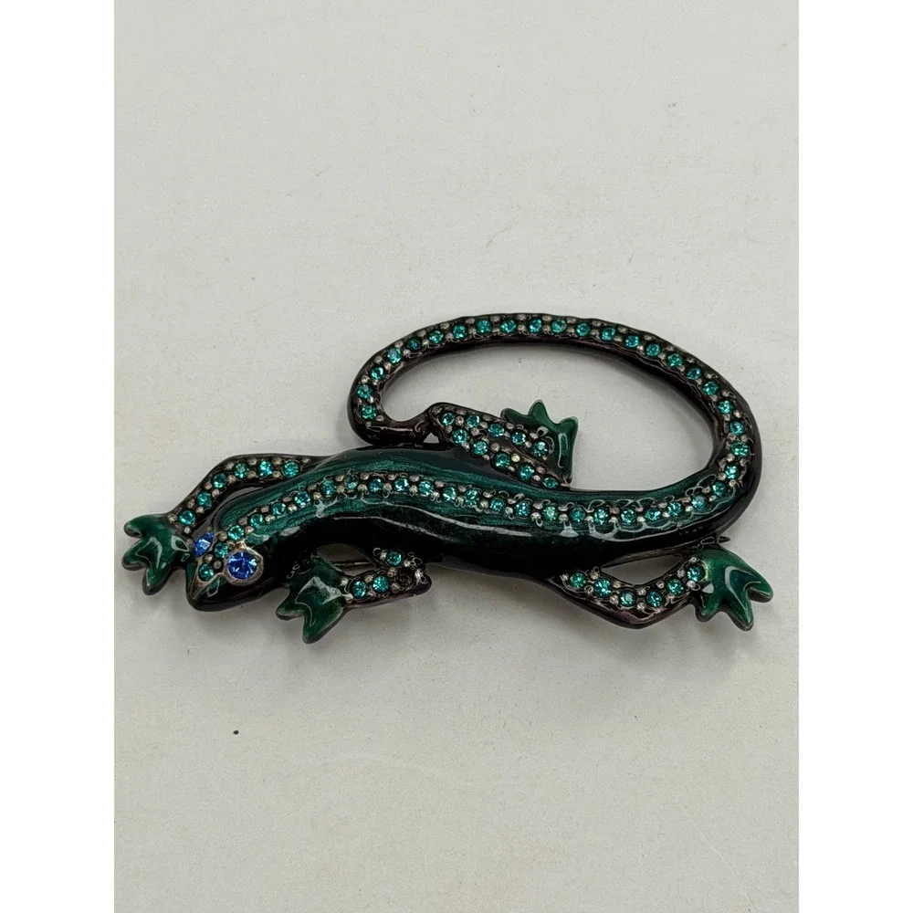 Chicos Teal Enamel Lizard Rhinestone Brooch & Gold Tone Rose Butterfly Pin Set